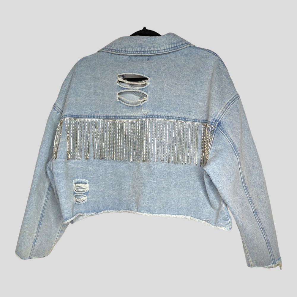 Missguided Womens Sz 6 Distressed Cropped Denim Jacket with Rhinestone Fringe